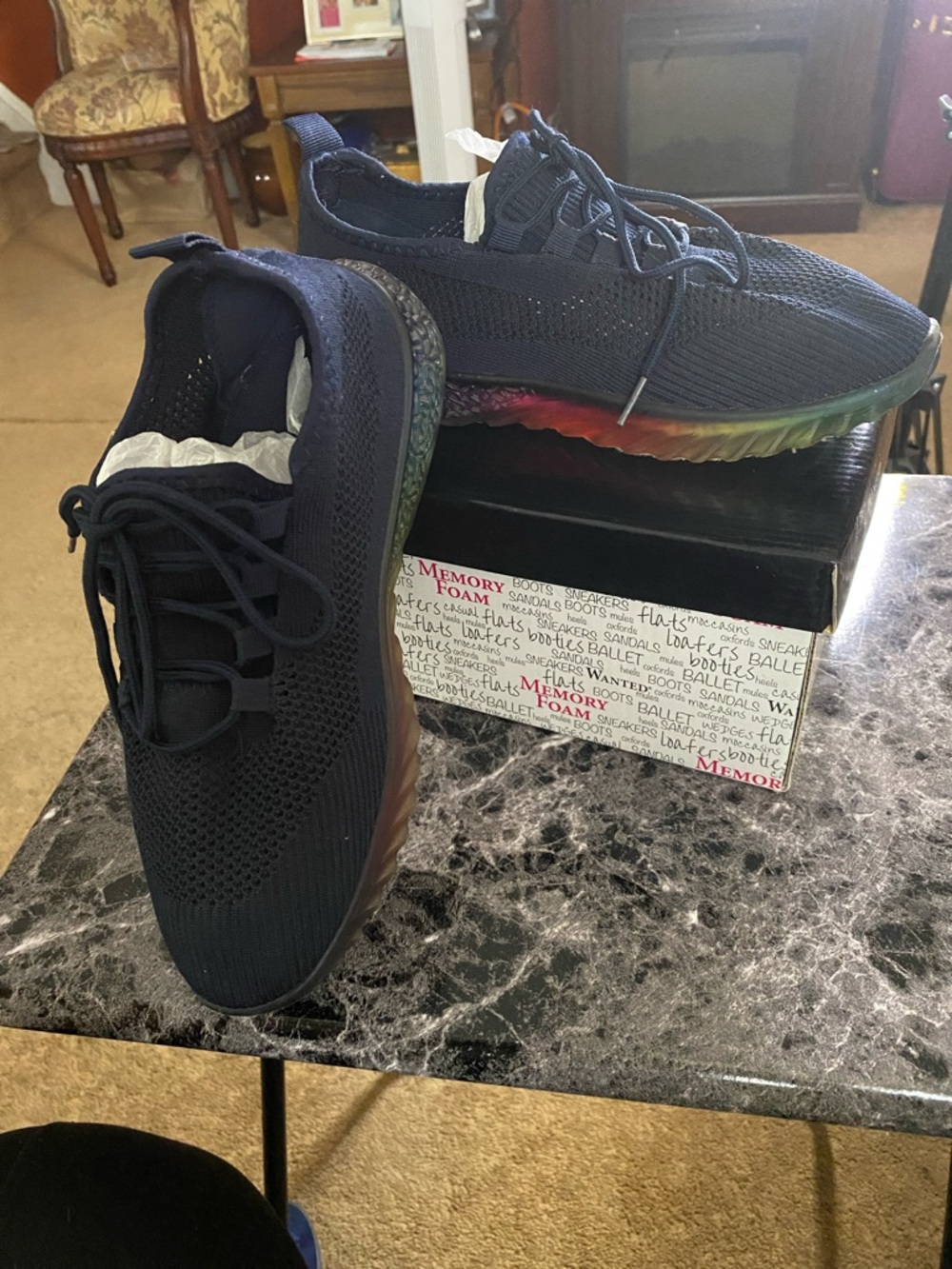 Wanted Navy Knit Lace-Up Sneakers with Rainbow Gradient Sole Accent